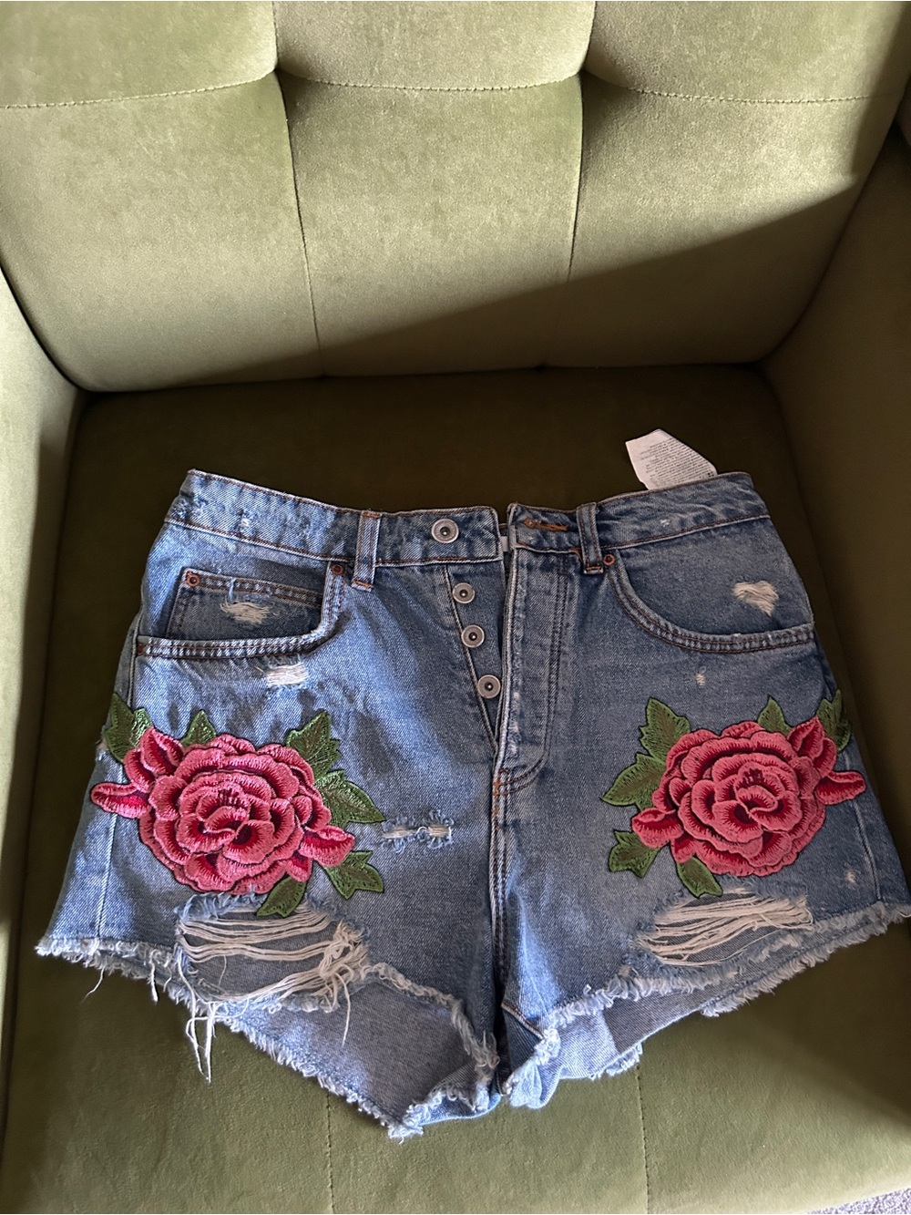 Zara Blue Denim Shorts with Pink Rose Embroidery